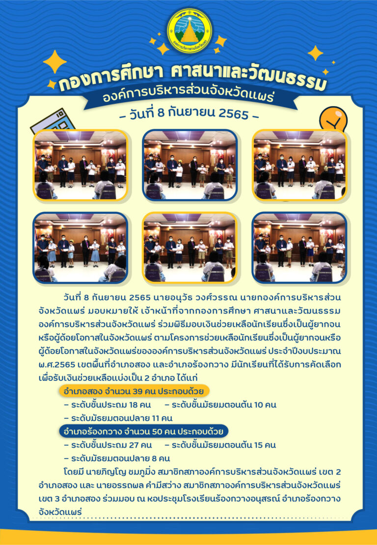 มอบเงินช่วยเหลือนักเรียนซึ่งเป็นผู้ยากจนหรือผู้ด้อยโอกาสในจังหวัดแพร่ ตามโครงการช่วยเหลือนักเรียนซึ่งเป็นผู้ยากจนหรือผู้ด้อยโอกาสในจังหวัดแพร่ขององค์การบริหารส่วนจังหวัดแพร่