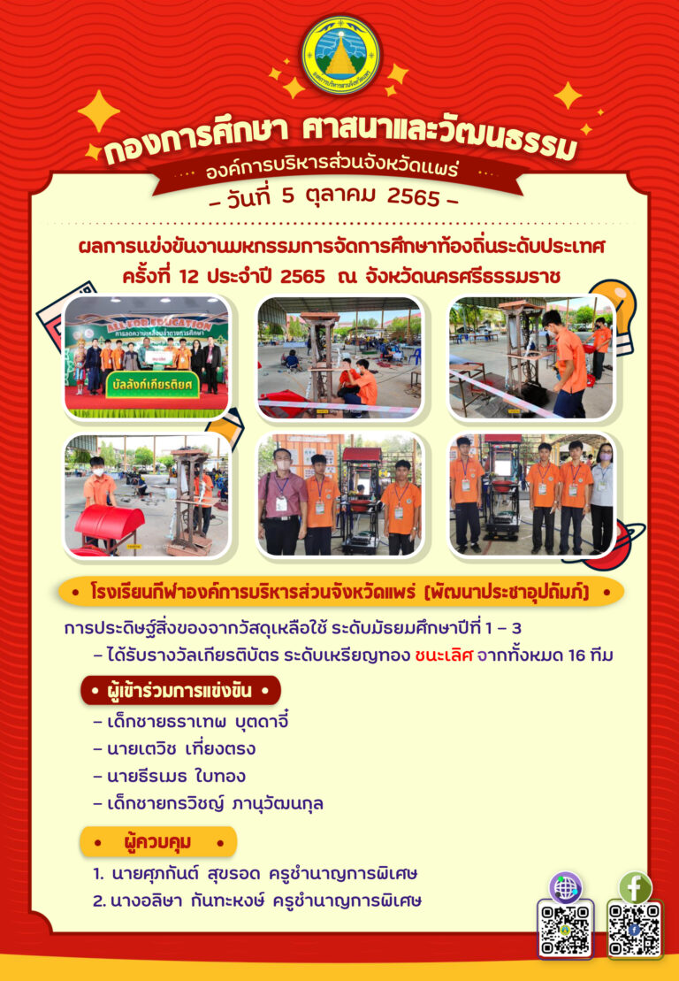 ประกาศผลการแข่งขัน วันที่ 5 ตุลาคม 2565 การแข่งขันงานมหกรรมการจัดการศึกษาท้องถิ่นระดับประเทศ ครั้งที่ 12 ประจำปี 2565 ณ จังหวัดนครศรีธรรมราช