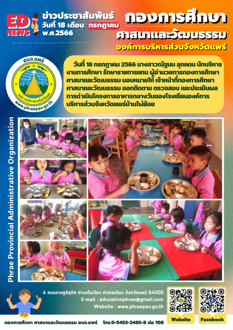 ออกติดตาม ตรวจสอบ และประเมินผลการดำเนินโครงการอาหารกลางวันของโรงเรียนองค์การบริหารส่วนจังหวัดแพร่บ้านไผ่ย้อย