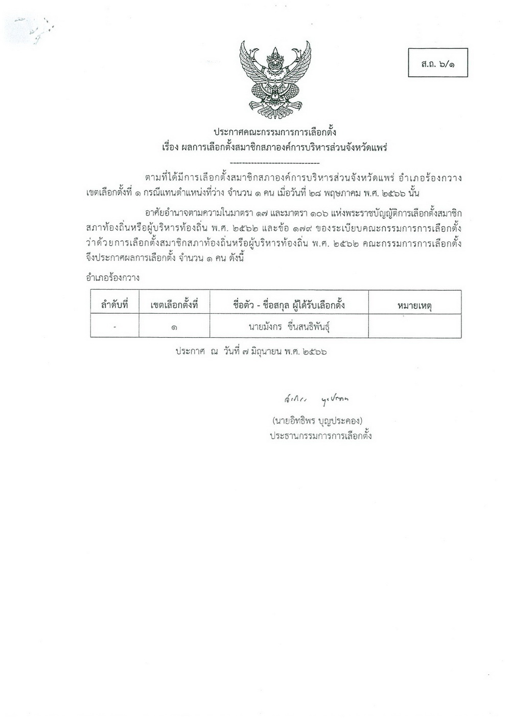 ประกาศคณะกรรมการการเลือกตั้ง เรื่อง ผลการเลือกตั้งสมาชิกสภาองค์การบริหารส่วนจังหวัดแพร่